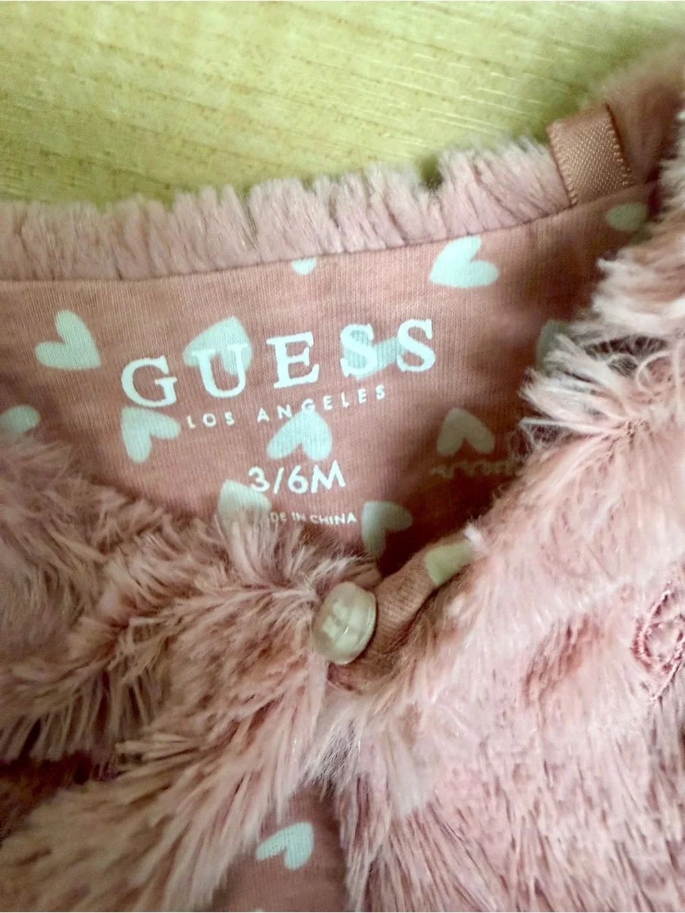 Guess Baby Girl Faux Fur Vest Size 3/6M Pink Heart Lining